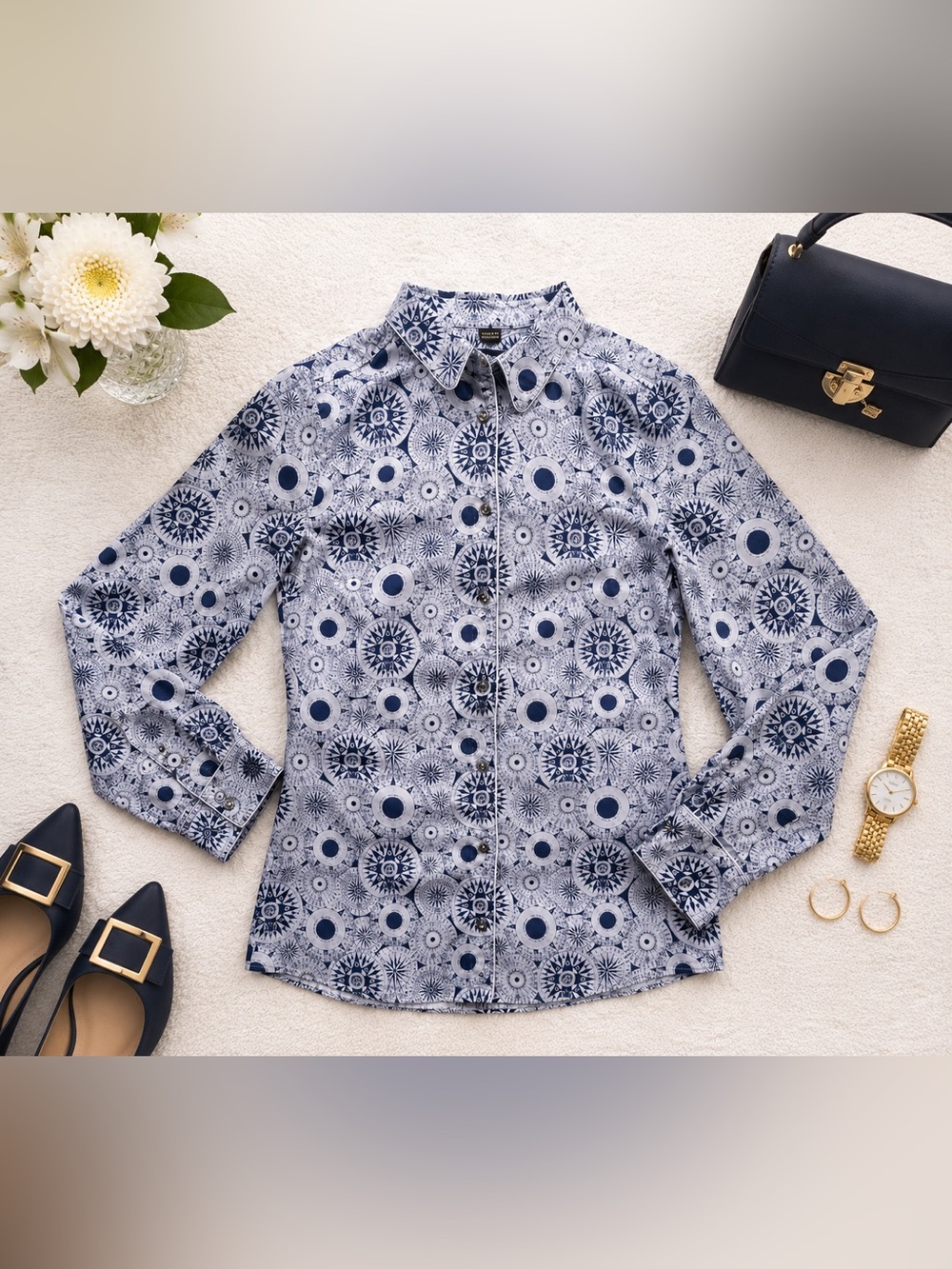 Barbour Compass Printed Button Front Shirt Women’s US 4 100% Cotton
